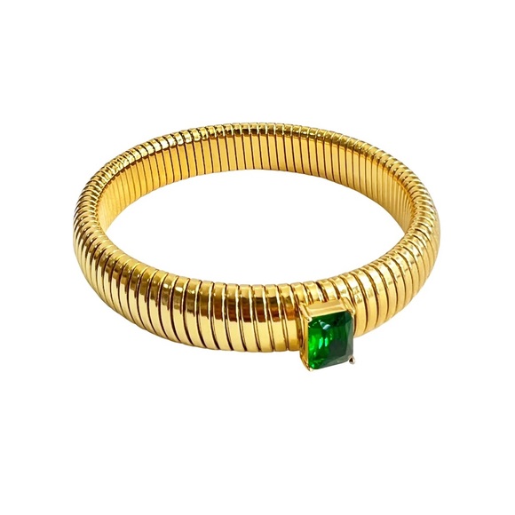 Jewelry - 18k Gold Plated Over Stainless Steel Bangle - Emerald